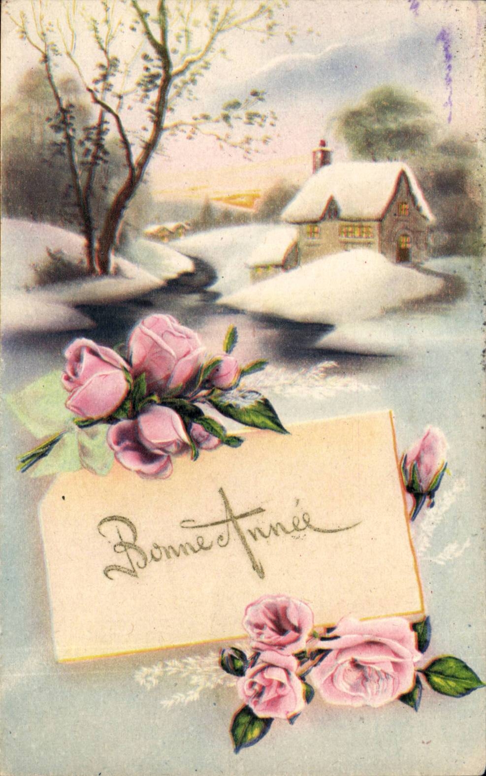 Fantaisie - Bonne Annee - soos neige - rose - CPA 