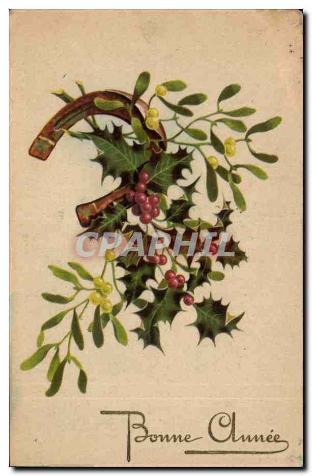 Fantaisie - Bonne Annee - houx - holly - cheval a fer - horseshoe - CPA 