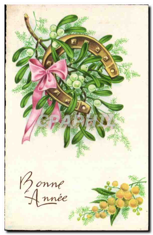 Bonne Annee - houx - cheval a fer - holly - horseshoe - CPA 