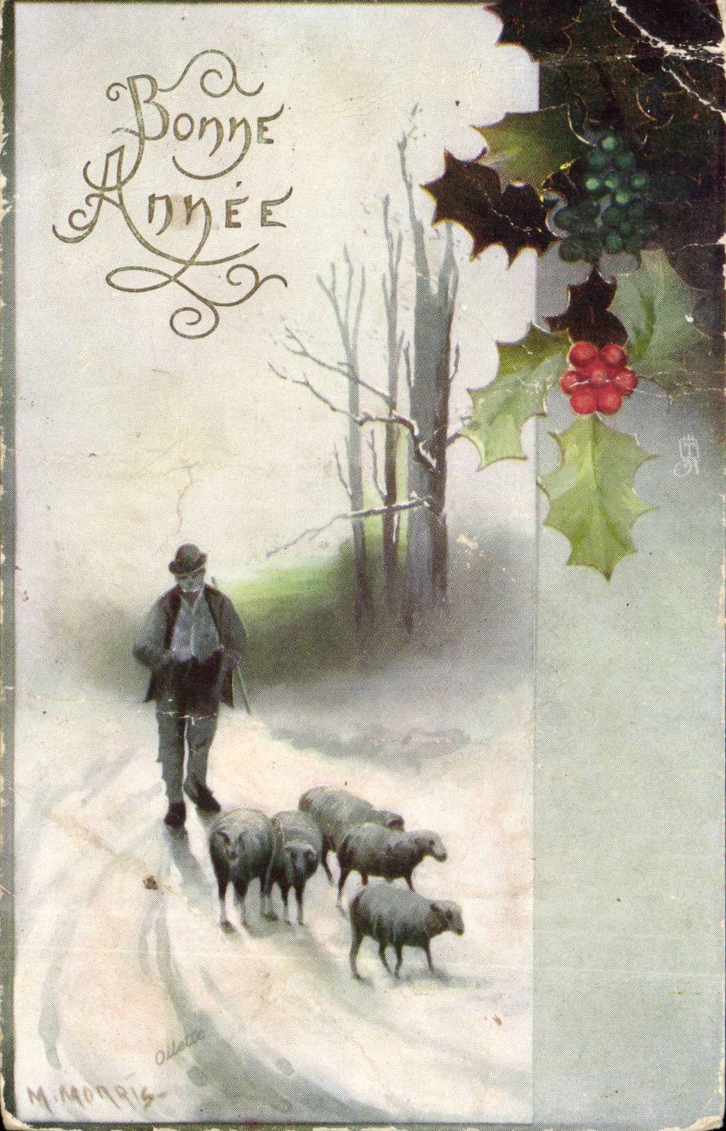 Bonne Annee - houx - holly - mouton - pli - tucks post card - CPA 