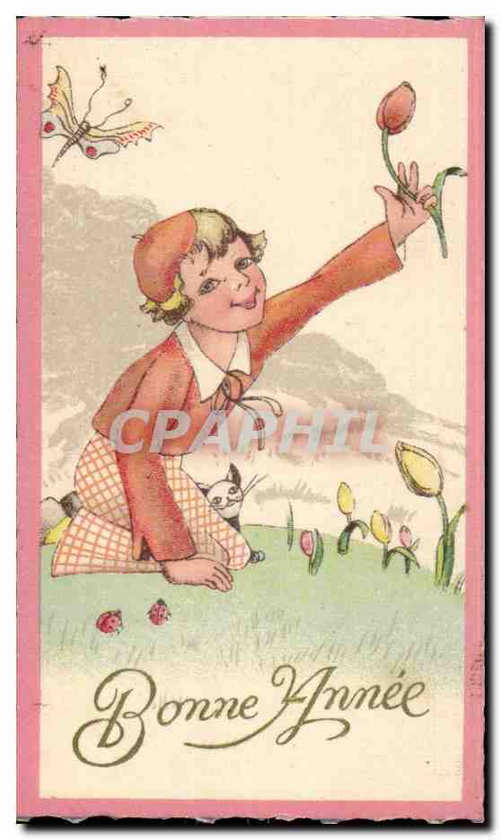 CPA Fantaise Enfant Bonne annee (carte petit format) (chat cat)