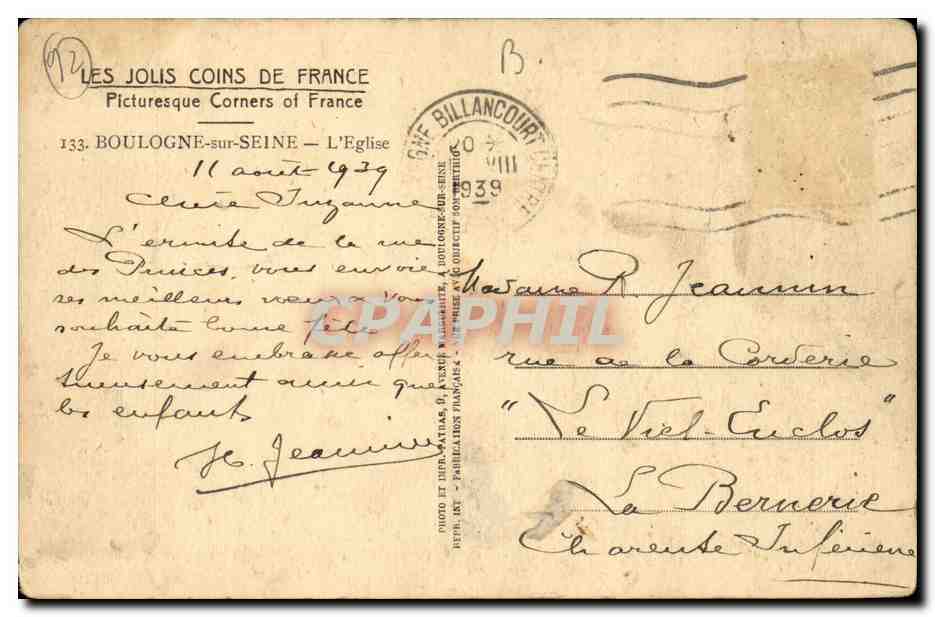 Boulogne sur Seine CPA L'eglise — Rückseite