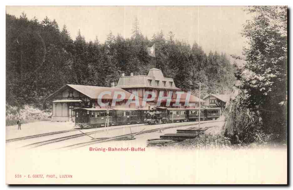 Brünig-Bahnhof-Buffet — estación ferroviaria en medio del bosque — E. Goetz, Luzern, n° 638