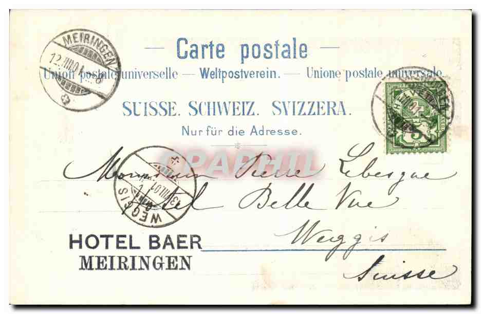 Suisse CPA Reichenbachfalle Meyringen Hotel Baer Meiringen — Rückseite