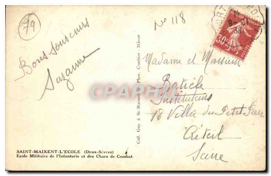 École Militaire de l'Infanterie et des Chars de Combat — Saint-Maixent-l'École — Phot. Combier, Mâcon — Rückseite
