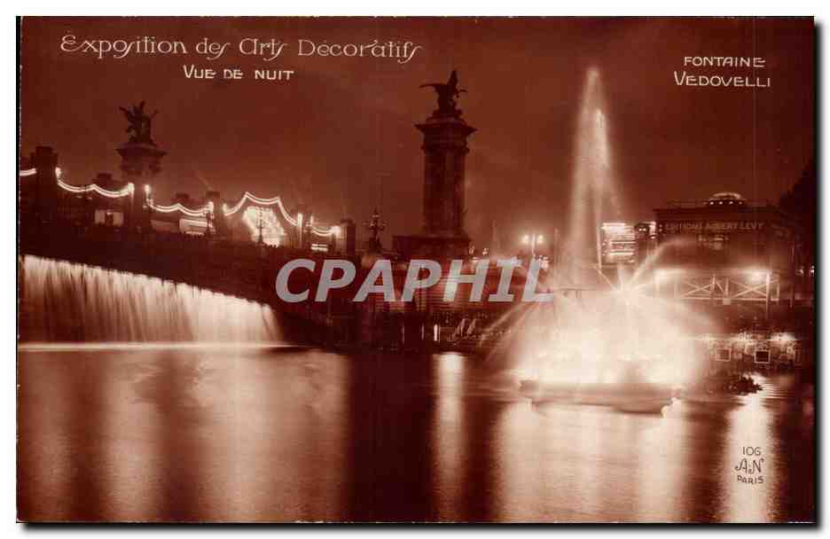 Marseille Exposition des arts decoratifs Vue de nuit CPA Fontaine Vedovelli