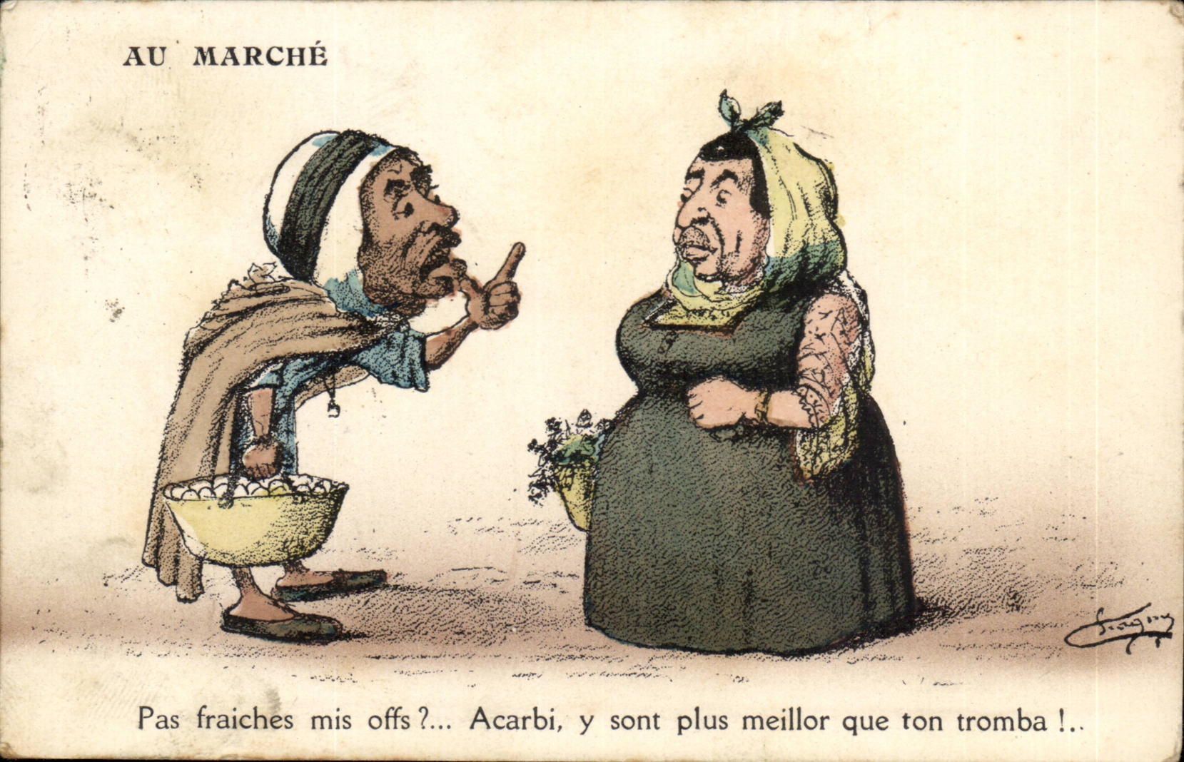 CPA Illustrateur Au marche Pas fraiches mis offs ? (oeufs) (humour Algerie Afrique du nord
