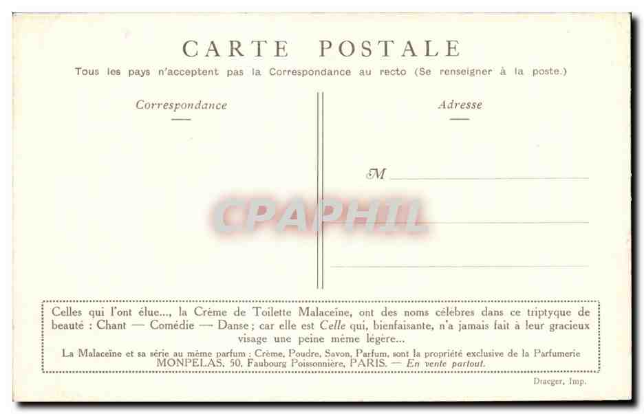 La Malaceïne — Série de parfums — Éditeur : Diaeger, Imp. — Verso