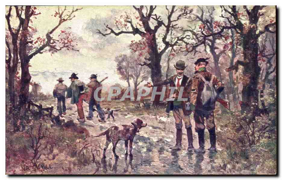 CPA Fantaisie Chasseurs et Chiens (chine dog)