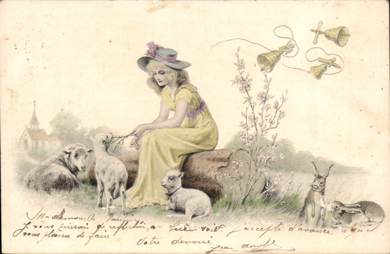 Femme en robe jaune avec moutons et lapins — scène pastorale — éditeur M.M. Vienne