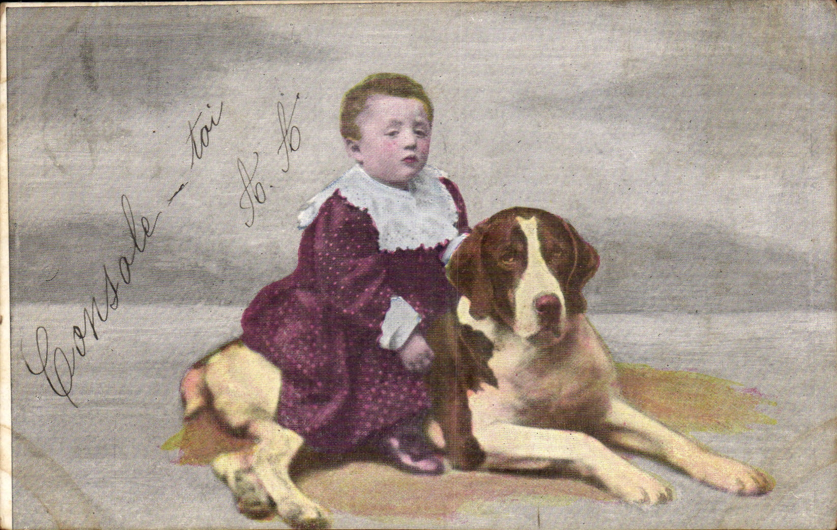 Enfant et chien — consolé-toi — éditeur STAMPATO DRUCKSACHE IMPRIME