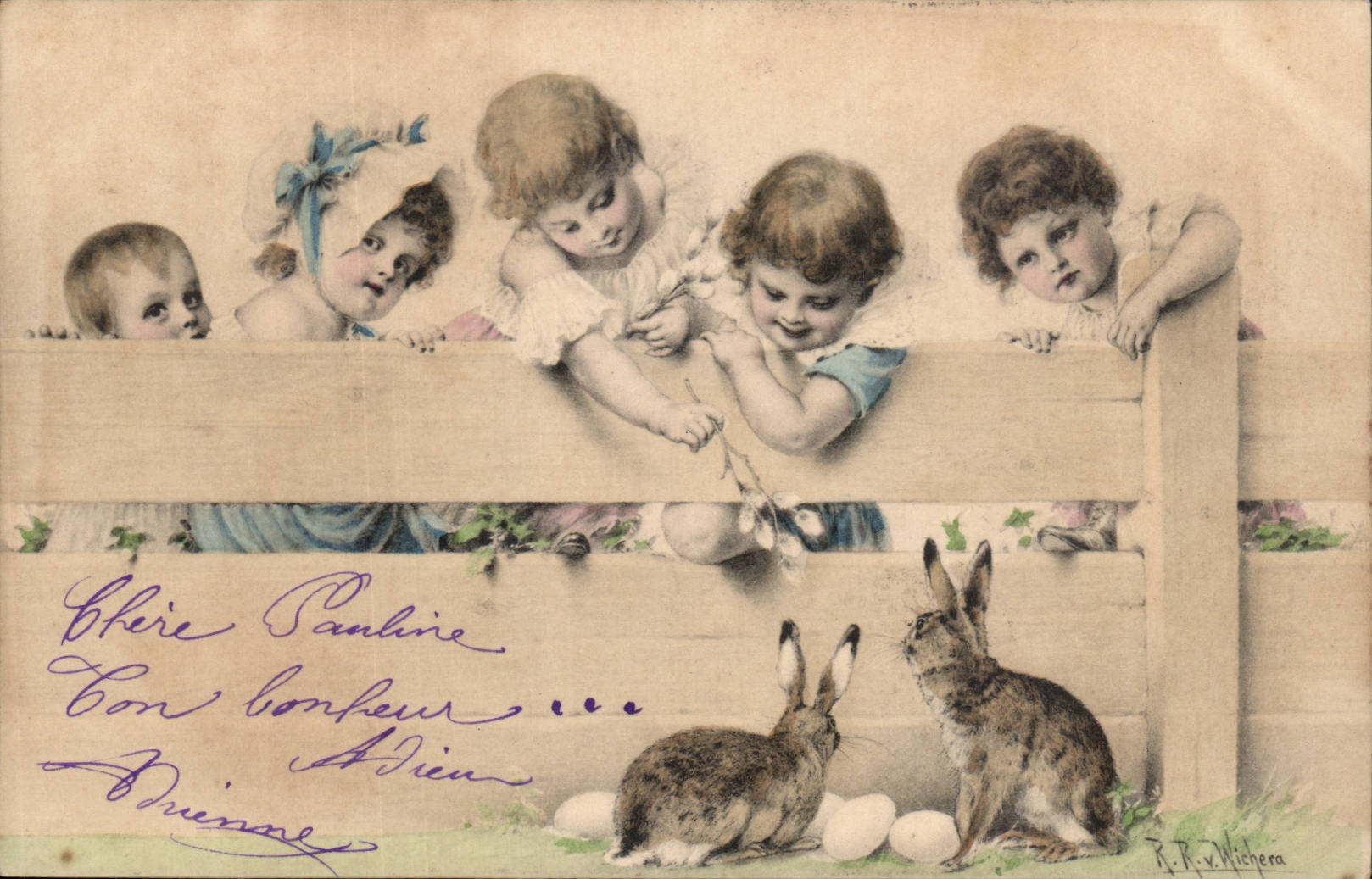 CPA Fantaisie Enfants et lapins (rabbits)