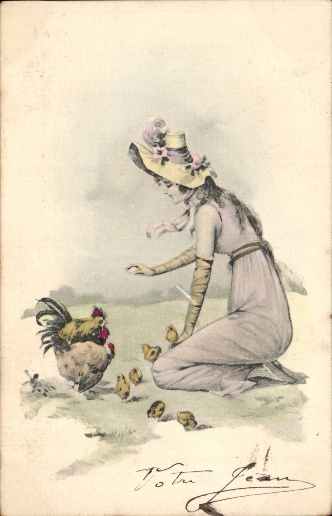 Vrouw met kippen — landelijke scène — uitgave Totra Jean, n° 916/4
