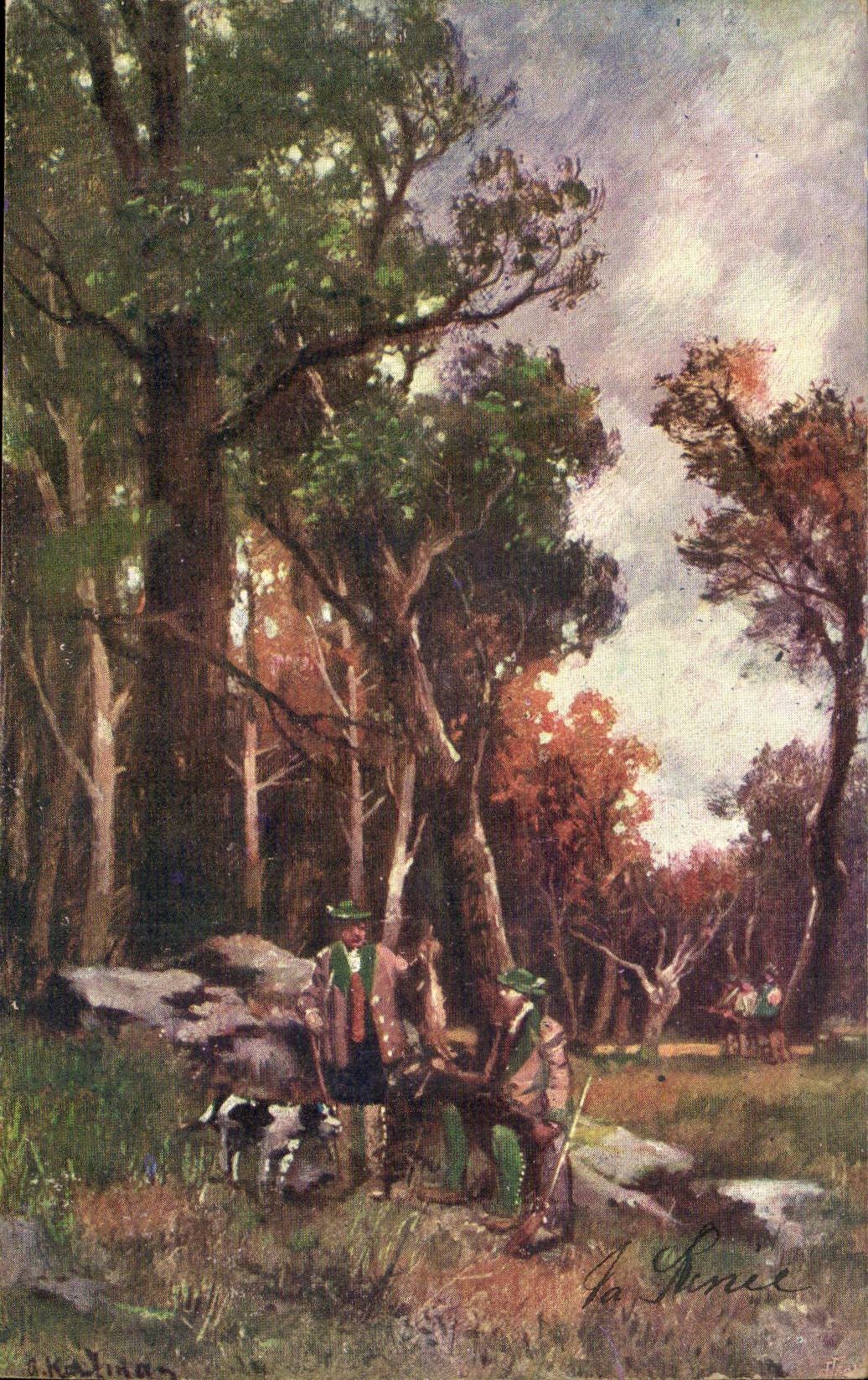 Scène de forêt — deux hommes et un chien — dessin de J. Gineé