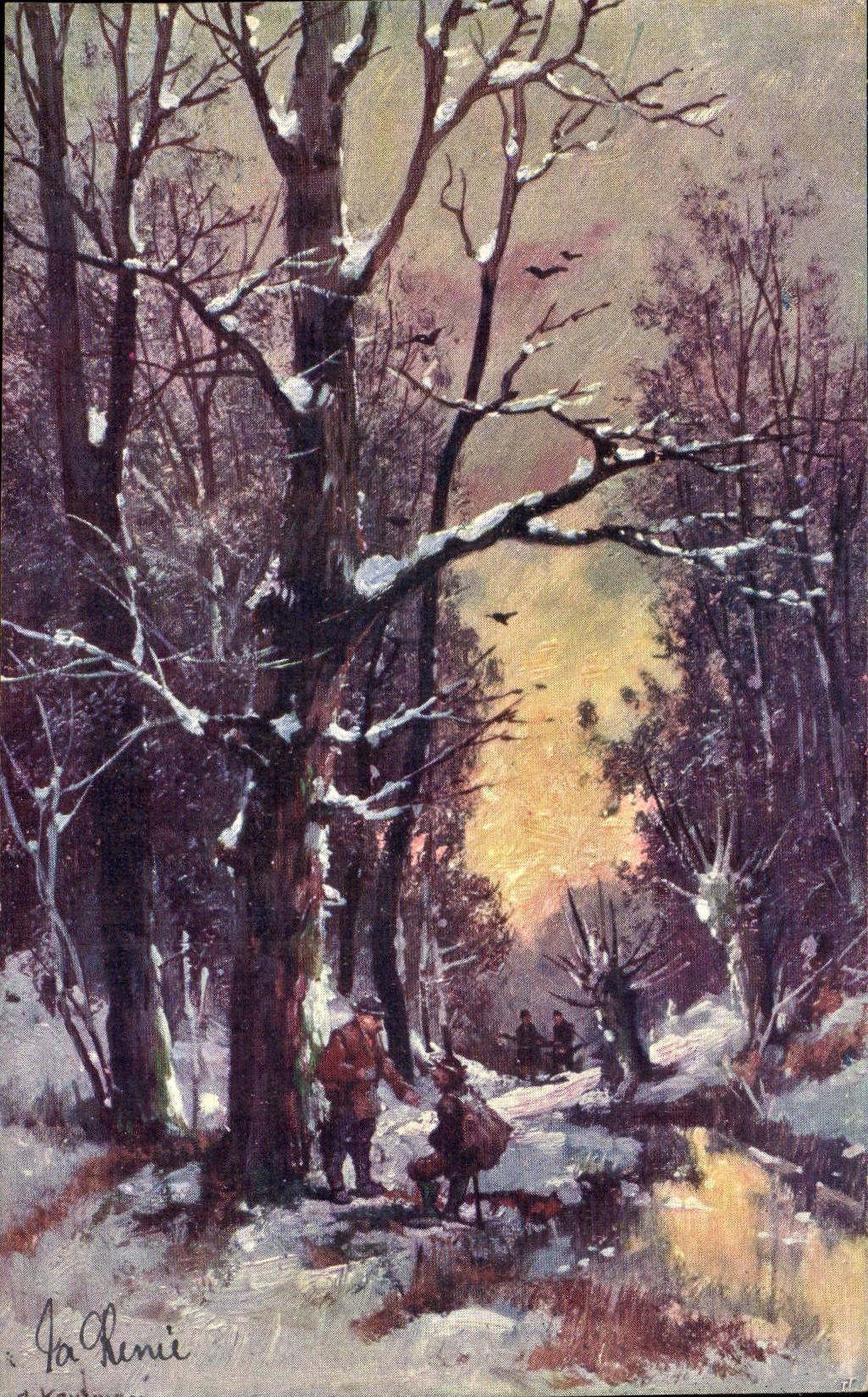 Forêts enneigées — scène hivernale avec deux personnages — J. La Henie, éditeur B K W. L. 764-5
