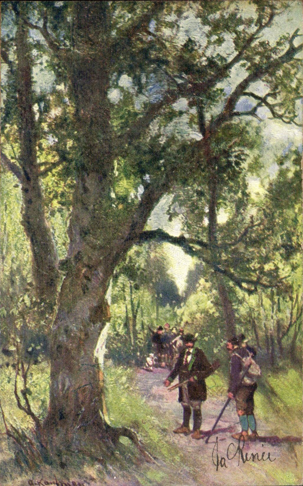 Scène forestière — promenade sous un grand arbre — gravure de Ja Runici