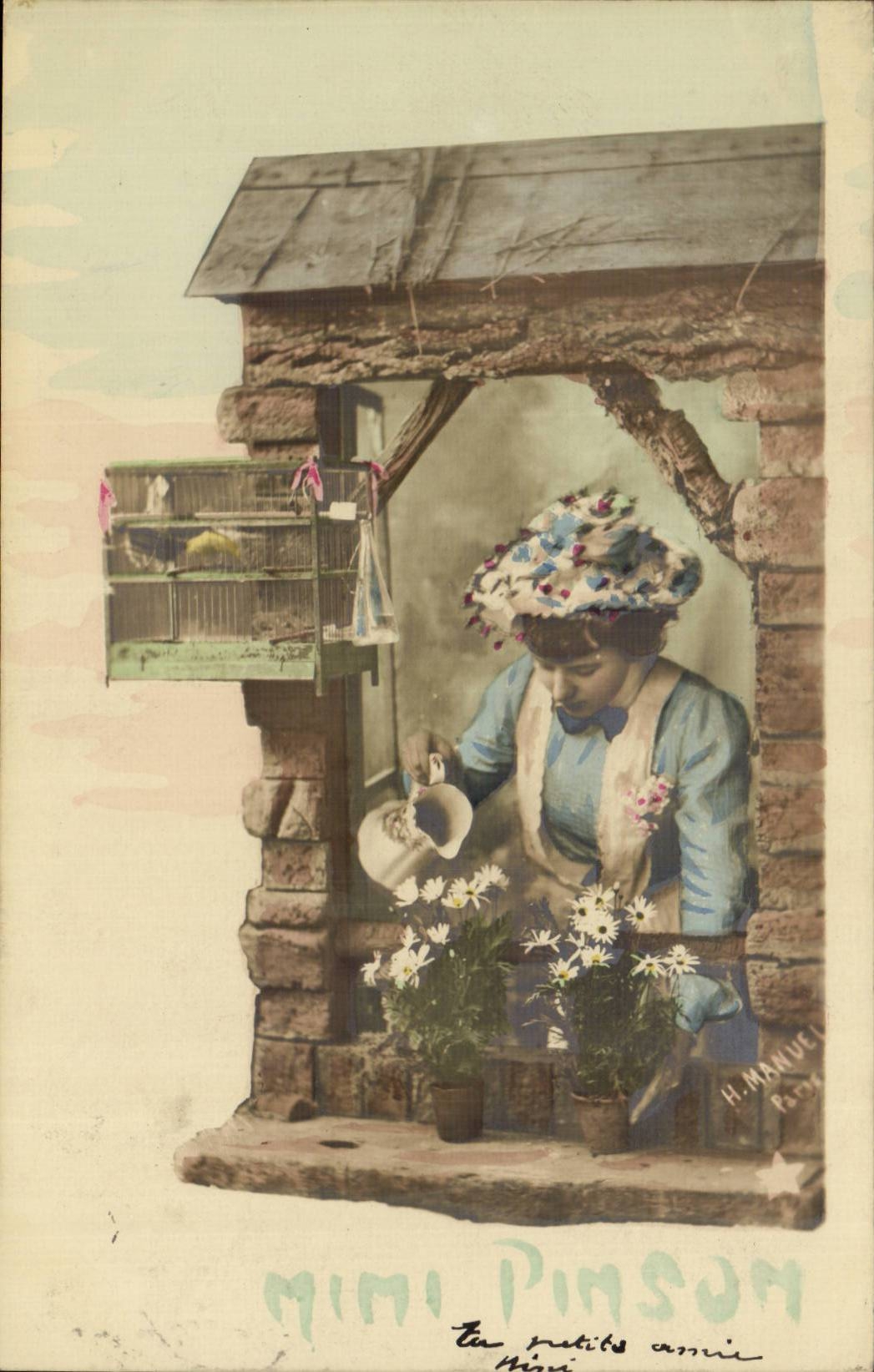 Femme arrosant des fleurs — scène de jardin — H. MANUEL, P. 34