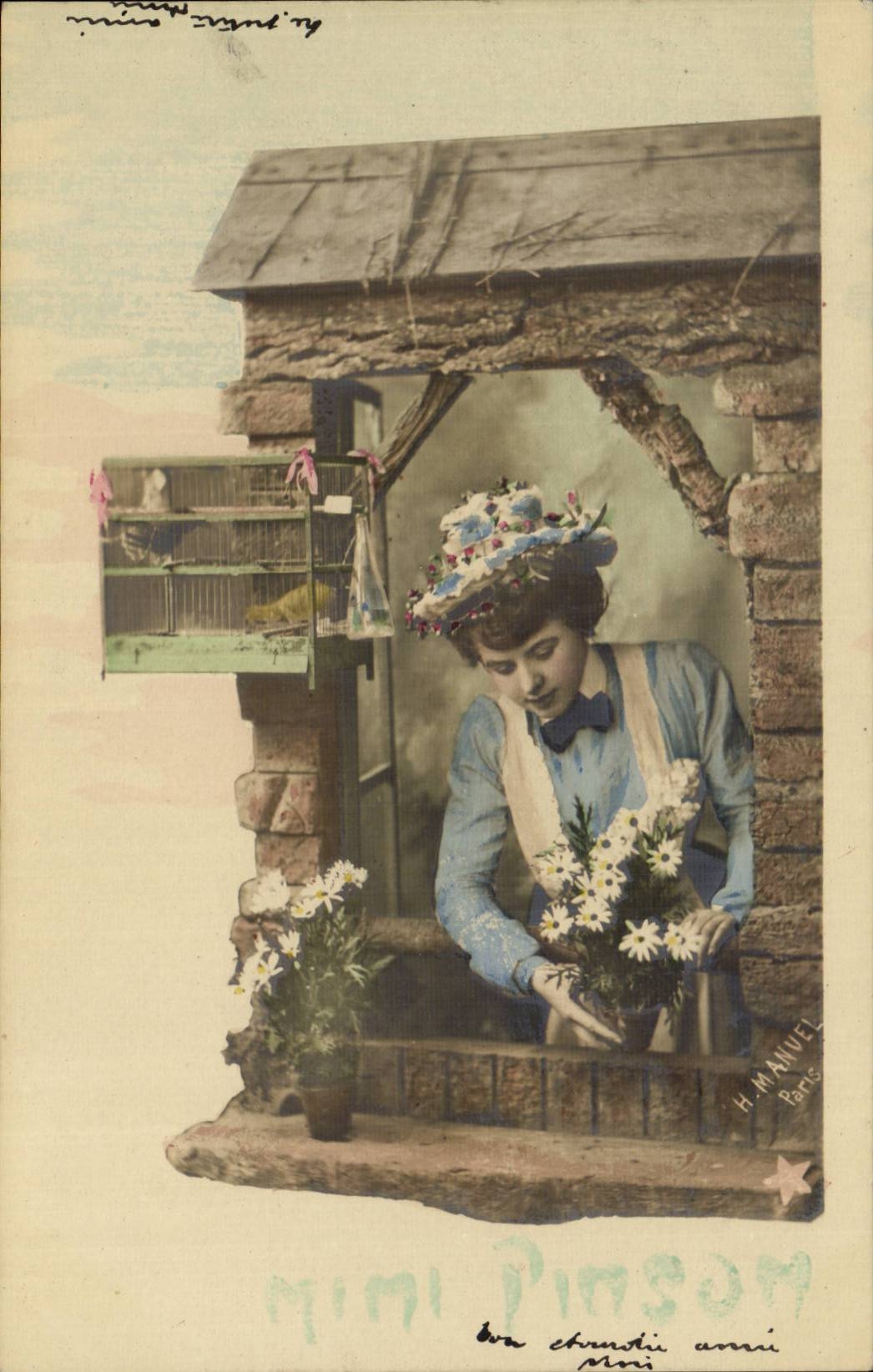 Femme à la fenêtre — scène de jardin — H. MANUEL, Paris