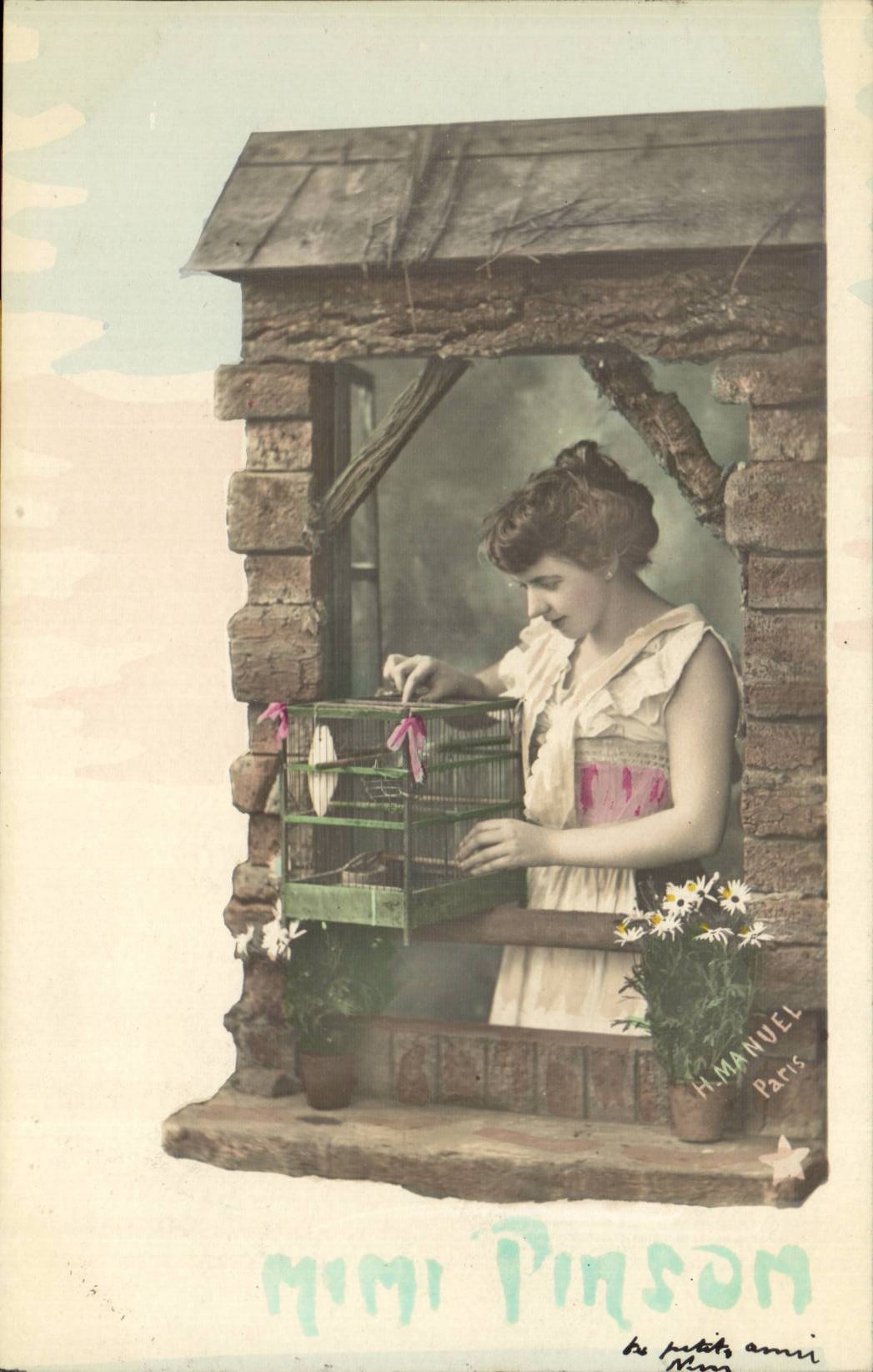 Femme avec cage à oiseaux — H. MANUEL Paris — n° 107