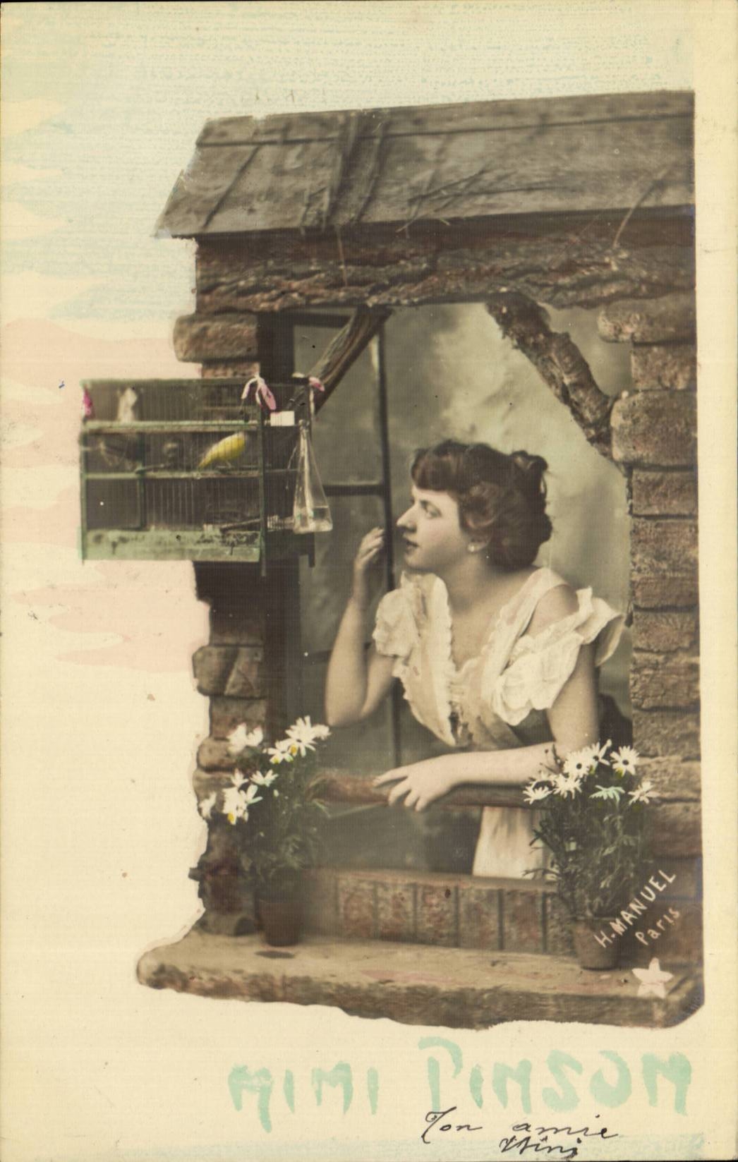 Femme à la fenêtre — oiseau en cage — H. MANUEL Paris