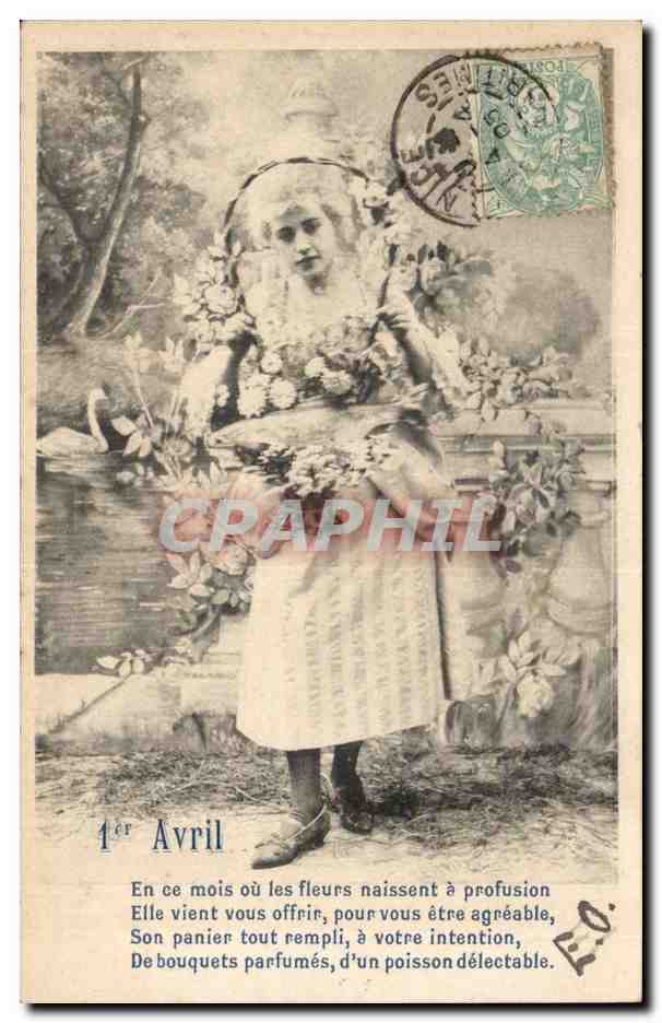 Femme avec panier de fleurs — 1er Avril — éditeur A. G. Paris