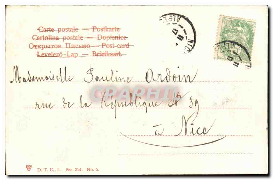 Jeune homme et jeune femme décorant un arbre — Fifi Pellegrini — D.T.C.L. Ser. 214 — Achterkant