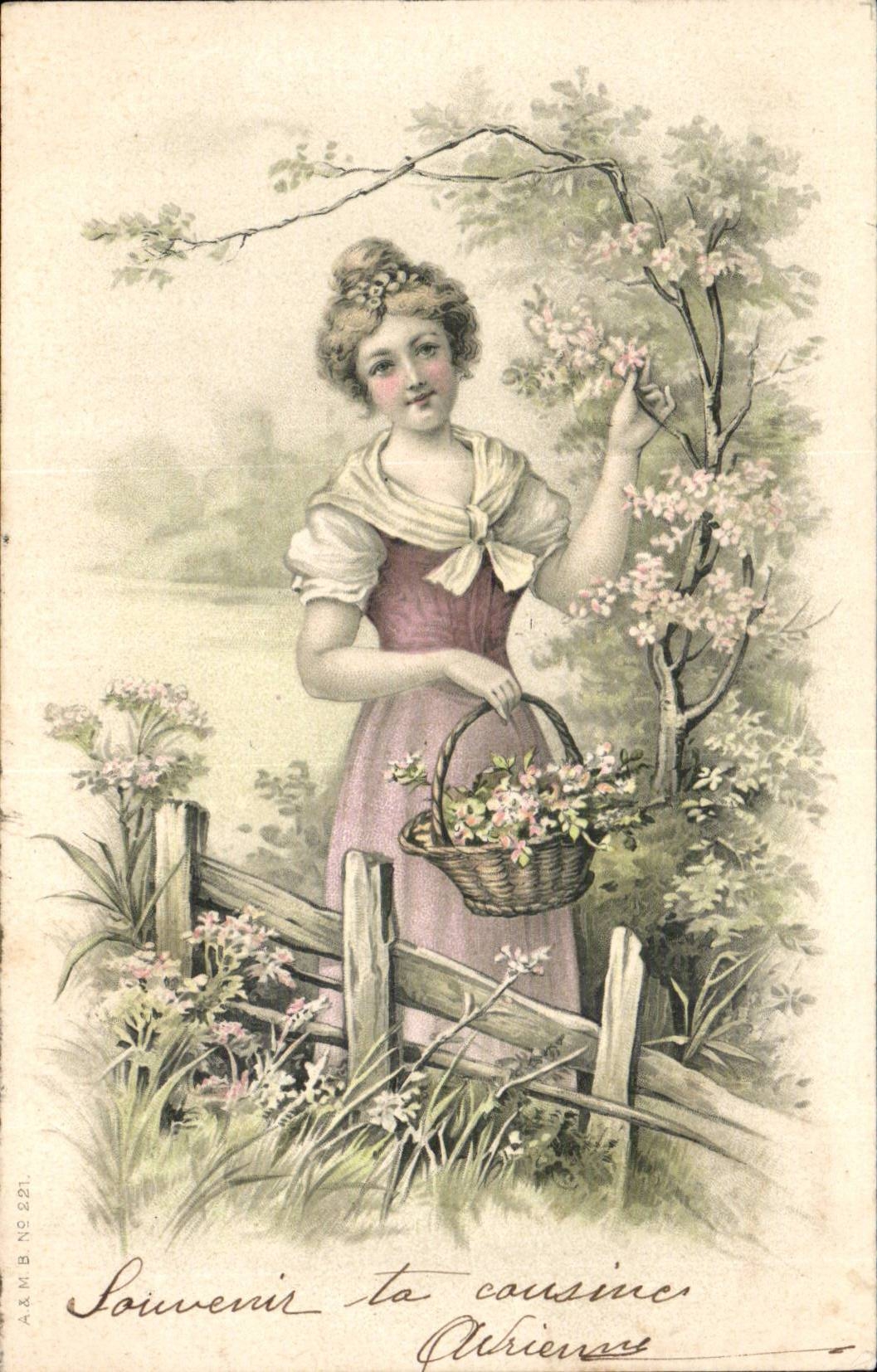 Femme cueillant des fleurs — Souvenir à la cousine — A & M B NS 221