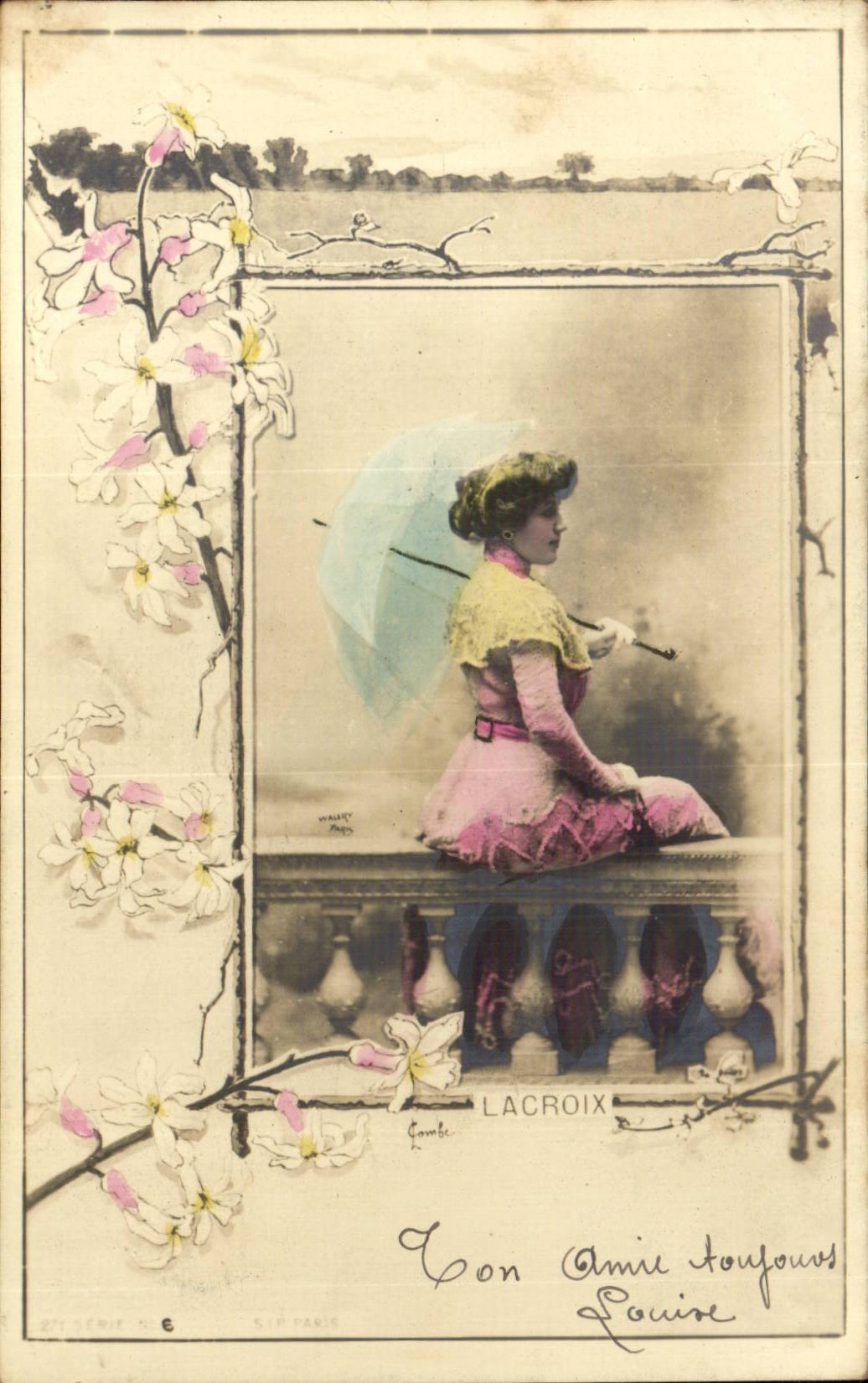 Femme au parapluie — scène de balcon — éditeur Gombe, n°6