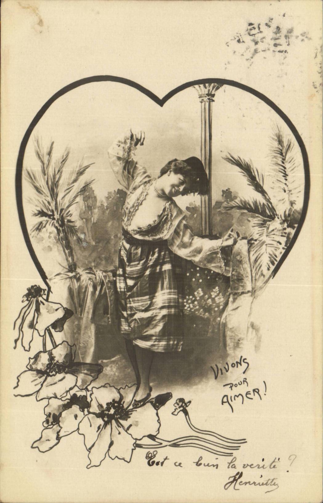 Woman in a heart frame — text 'Let us live to love!' — Henriette