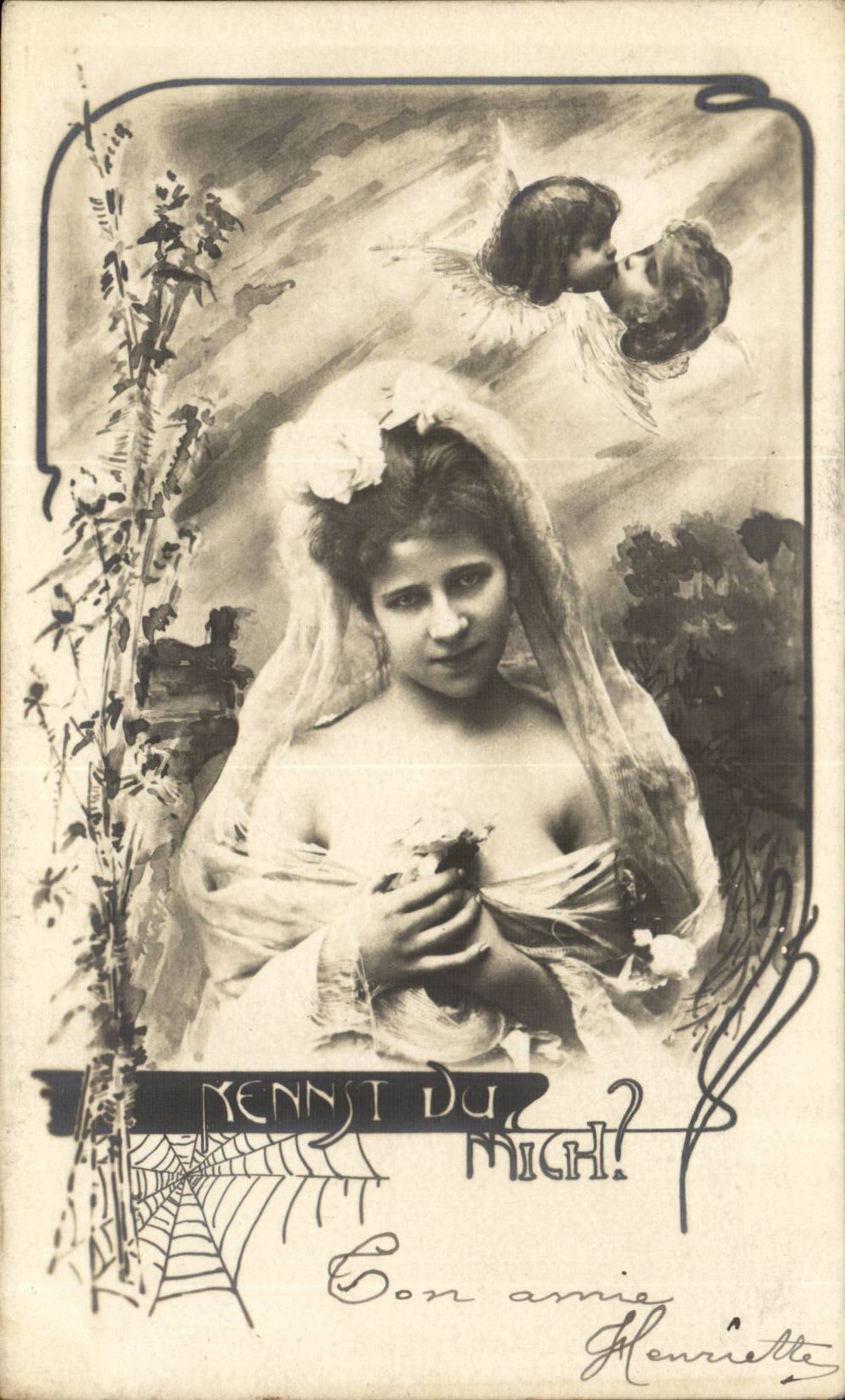 Giovane donna in abito leggero — angelo che lascia un bacio — editore Henriette, numero di serie non visibile
