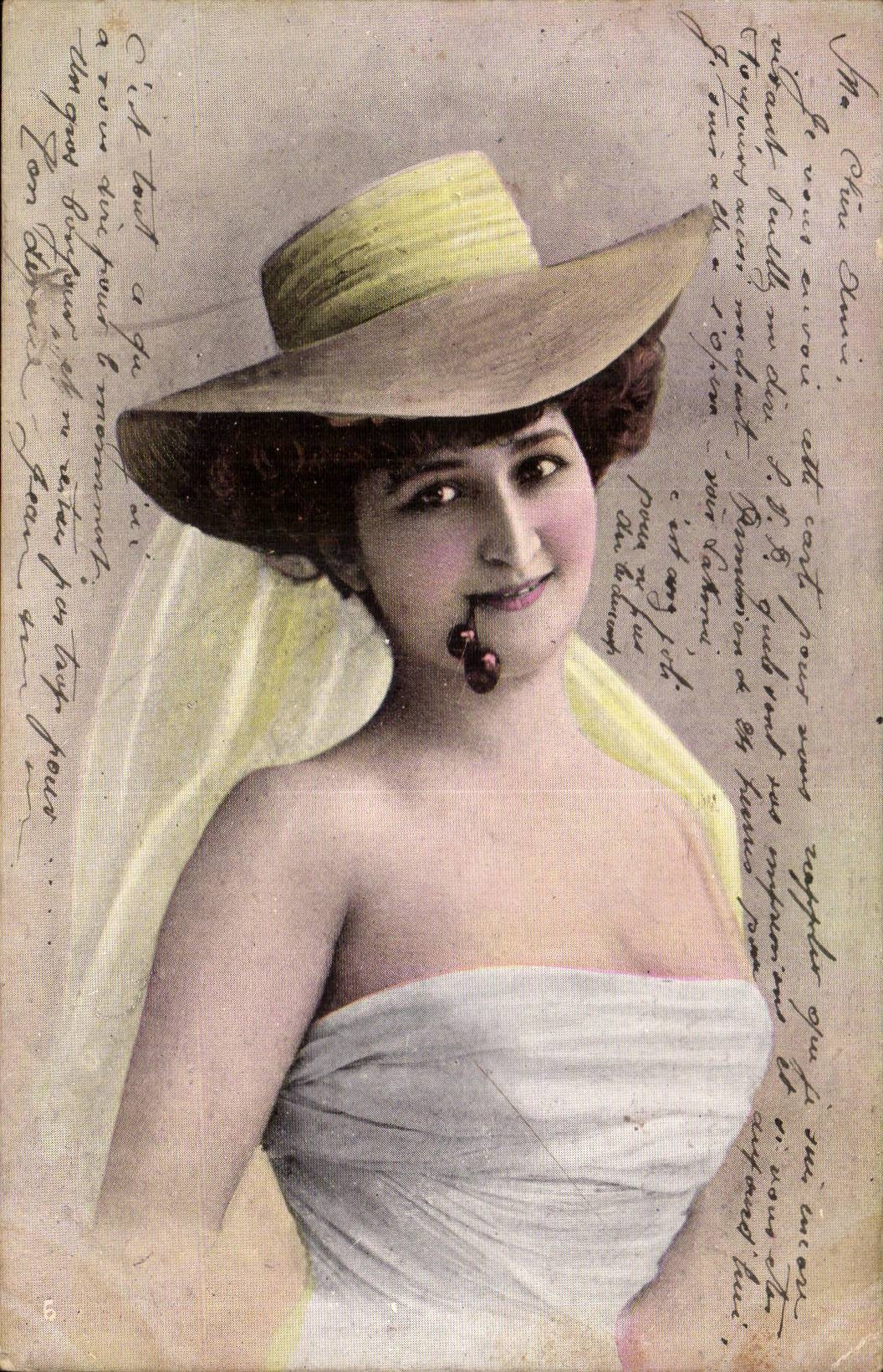 Frau in einem Strohhut — mit Kirsche am Mund — unbekannter Verleger, Nr. 6
