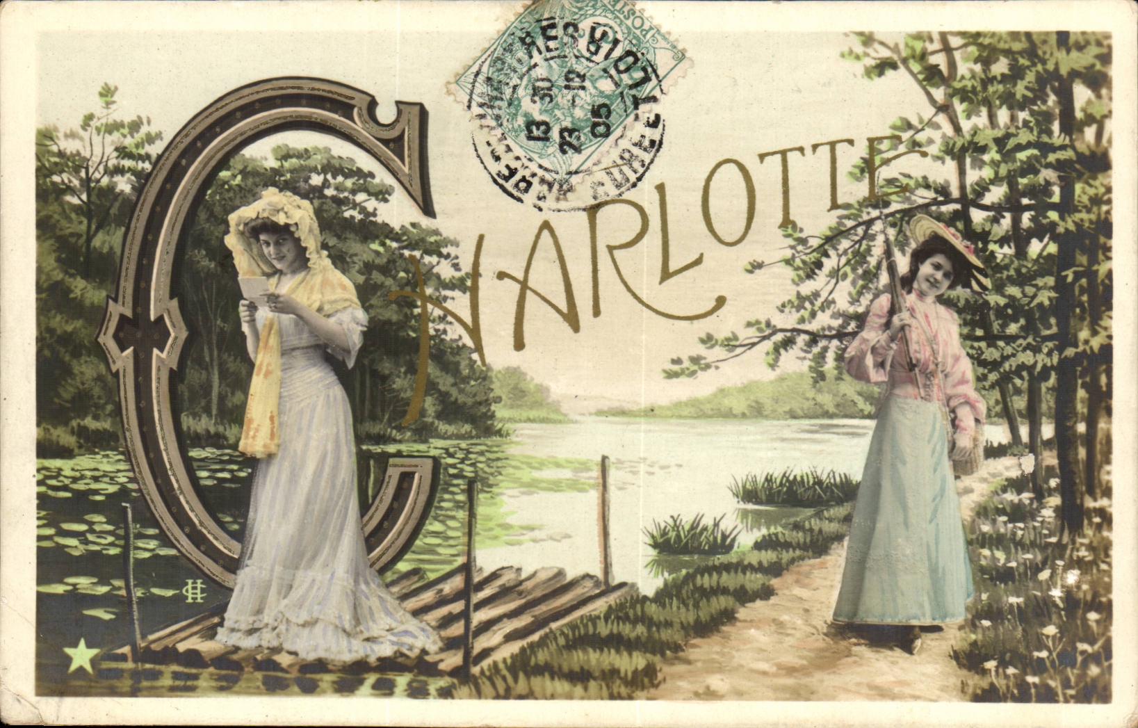 Twee jonge vrouwen — rivierlandschap — uitgever 'Étoile' nr. 107