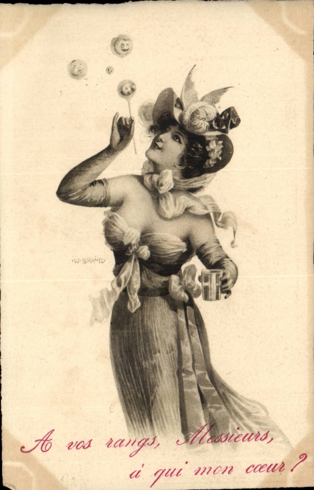 Femme en robe élégante et chapeau orné — bulles souriantes — éditeur Staerek, Paris