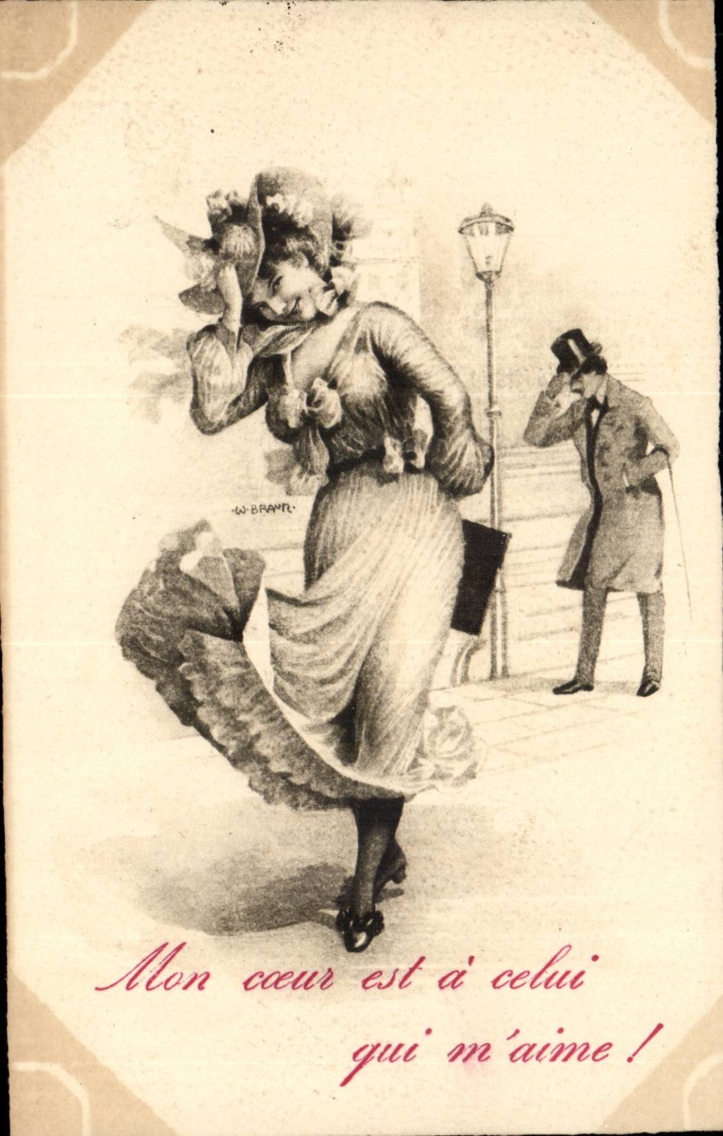 Femme en robe à volants et chapeau — illustration de W. Brantl — éditeur Staerck, Paris