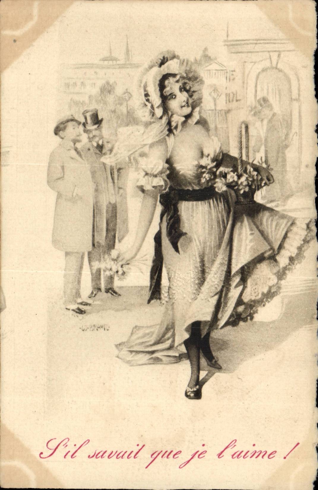 Joven mujer en vestido elegante — escena de calle — editor Staërek, París, número de serie no visible