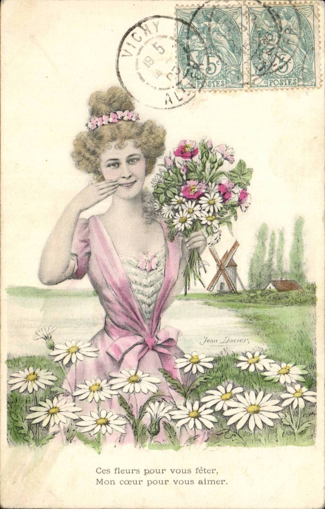 Femme en robe rose avec bouquet de fleurs — Jean Dacier — Vichy, 1915
