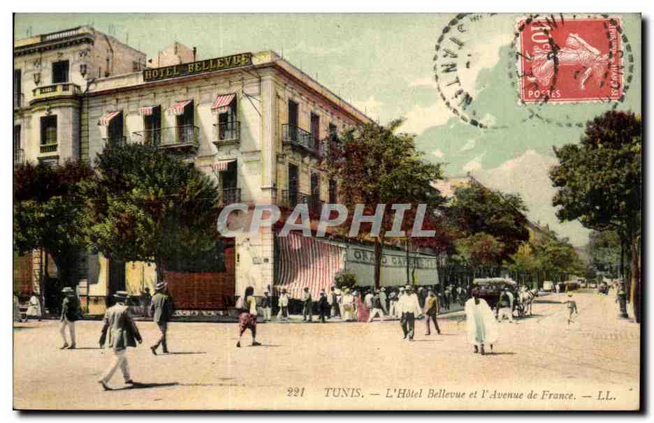 Tunisie Tunis CPA L'hotel Bellevue et l'avenue de France