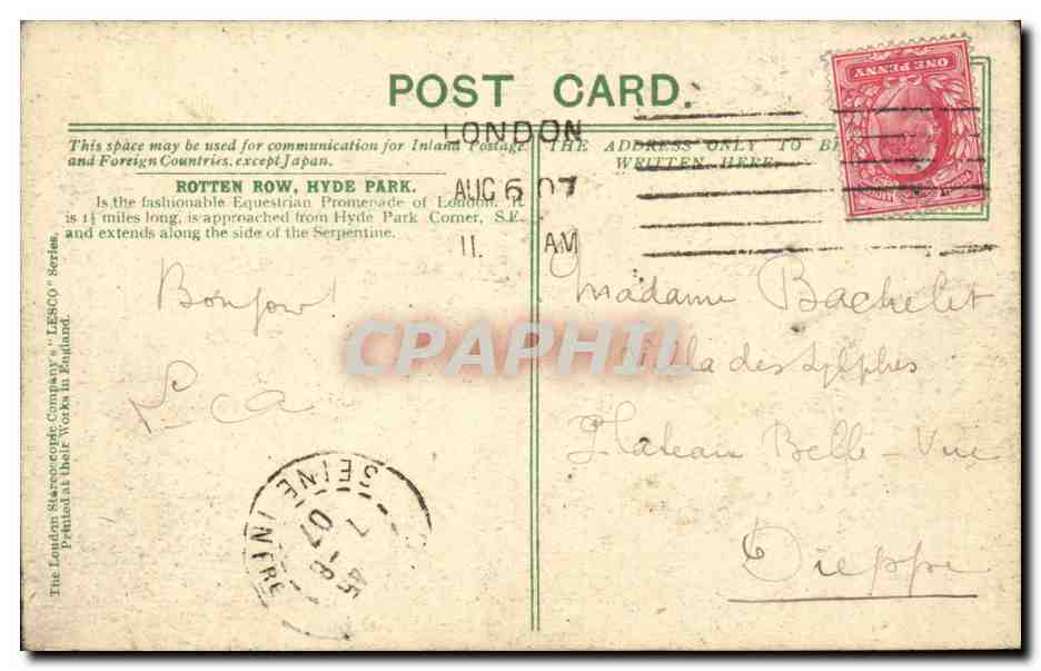 Grande Bretagne CPA London Londres Rotten Row (chevaux horses) — Rückseite