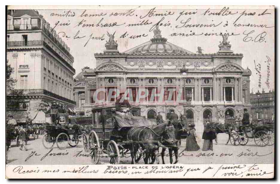 París - Plaza de la Ópera — vista del teatro con carruajes — editor no visible