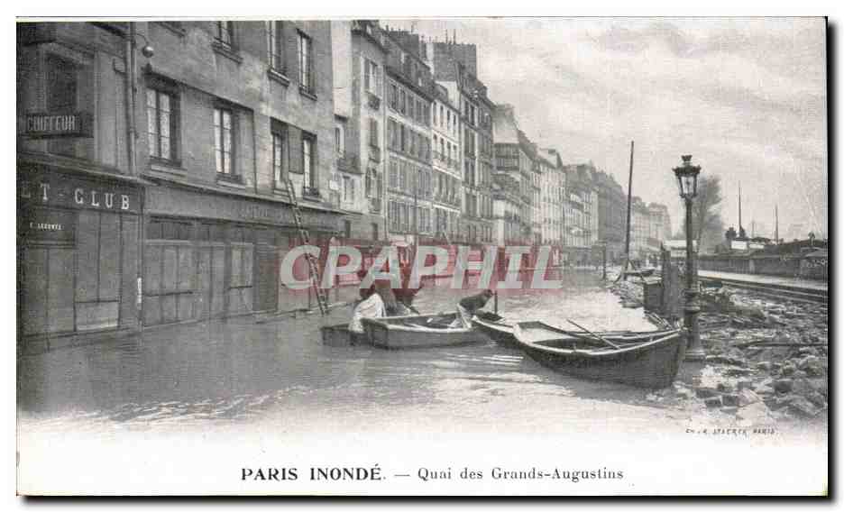 Paris CPA Paris inonde Quai des Grands Auhustins (coiffeur) Publicite Kabiline Teinture de menages