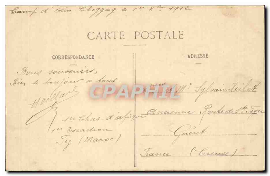 Fez - Tropas y Sección de 65 de Montaña acampadas en la Plaza de Machina para la defensa del Arsenal — Edición Niddlane & Assolino, Fez (Marruecos) — Reverso