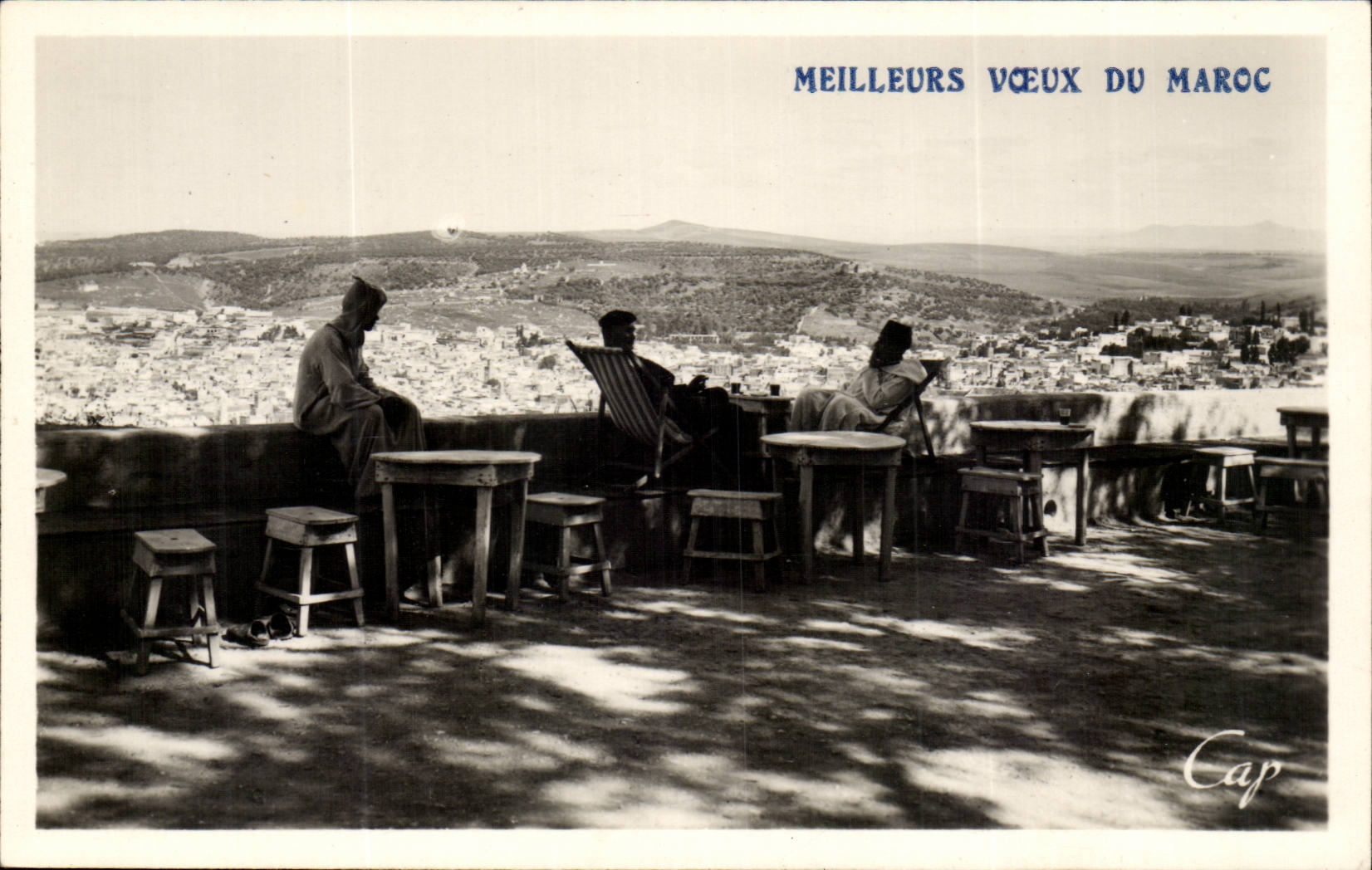 Maroc CPA Meilleurs voeux FEs Panorama de la MEdina pris du cafe MAure des Merinides