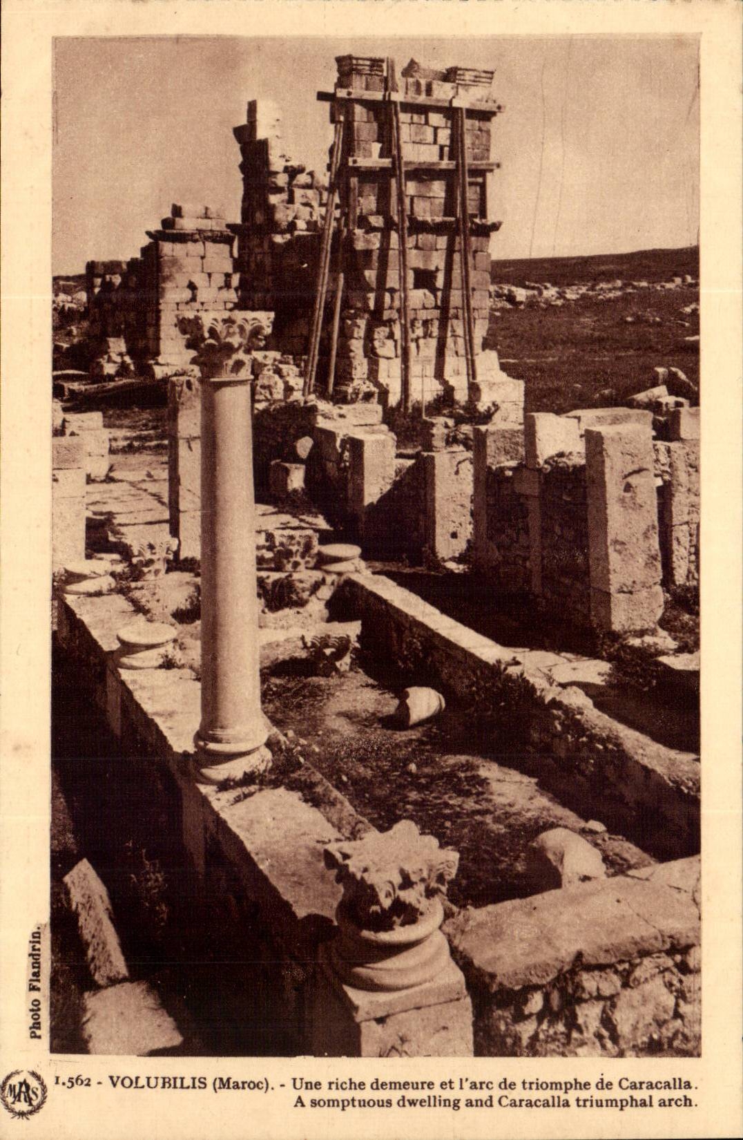 Maroc Volubilis CPA Une riche demeure et l'arc de triomphe de Caracalla