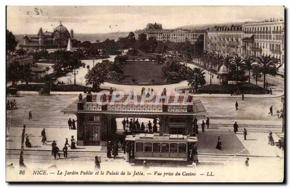Nice CPA la jardin public et le palais de la Jetee Vue prise du casino (tramway)