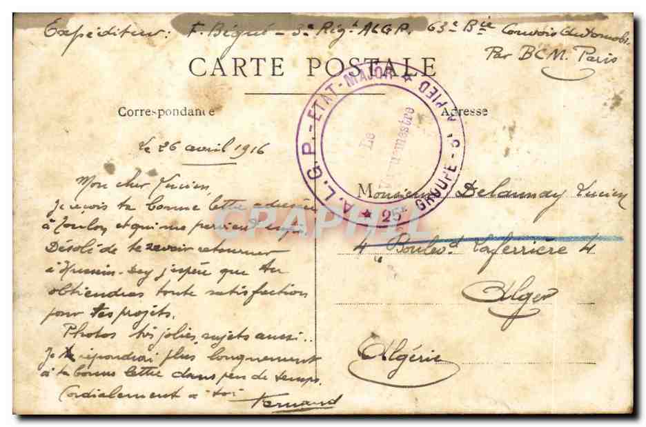 CARTE PHOTO Chaumiere Champenoise (F Begue 3eme regiment AlGP Convois automobiles BcM Paris Delaunay 3 Nd Laferriere Al — Rückseite