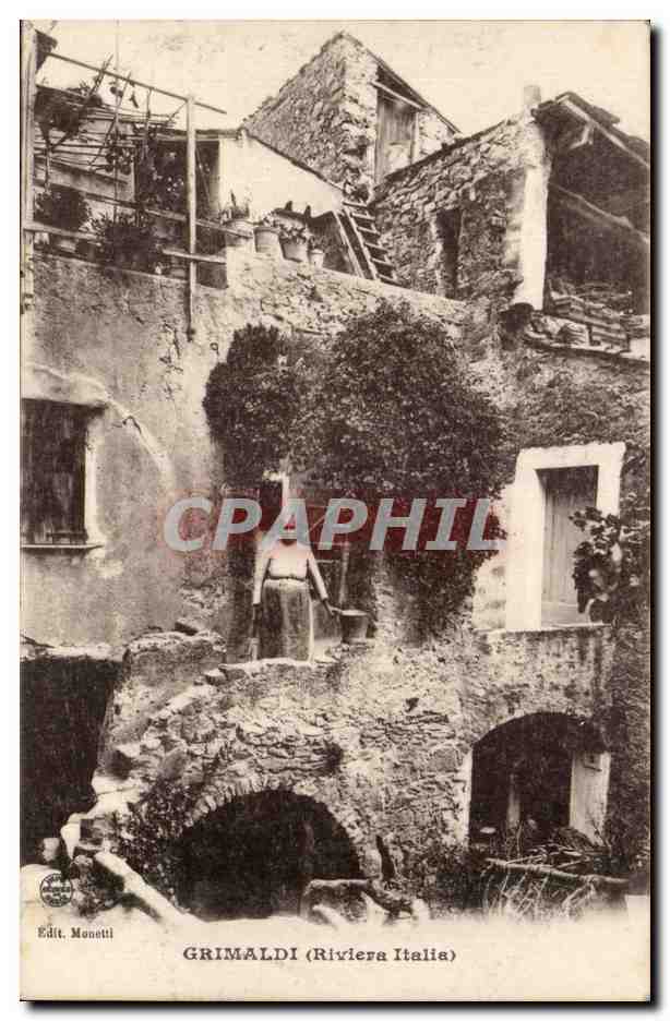Grimaldi (Riviera Italie) — vue de ruelles et bâtiments en pierre — Édit. Monetti