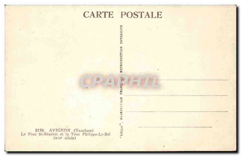 Avignon CPA Le pont St Benezet et le tour Philippe le Bel — Verso