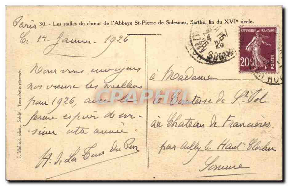 Les stalles du chœur de l'Abbaye Saint-Pierre de Solesmes, Sarthe — fin du XVIe siècle — J. Malicet, phot. Sable — Verso