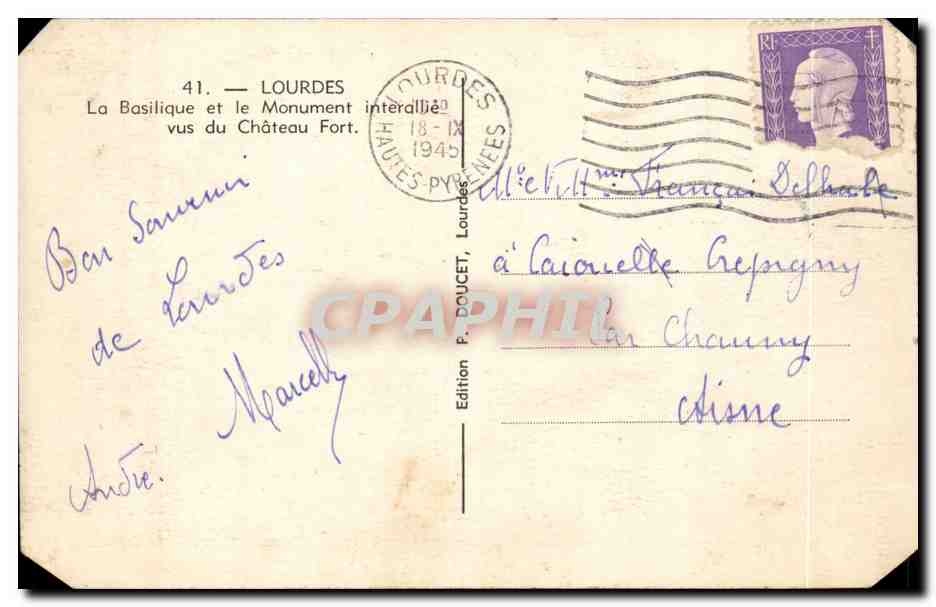 Lourdes CPA La basilique et le monument interallie vus du chateau fort — Verso