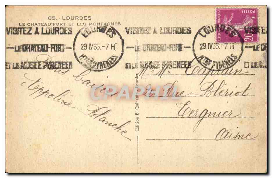 Lourdes CPA la chateau fort et les montagnes — Verso